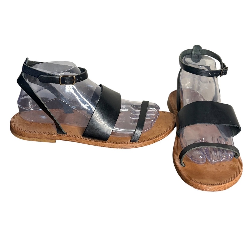 Joie A La Plage Black Leather Flat Ankle Strap Sandals Italian Women's 9 (EU 39)
